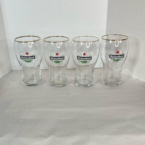 Heineken Beer Glasses Set of 4 Vintage Gold Rim red star tulip Half-Pint (10 oz) - Picture 1 of 6
